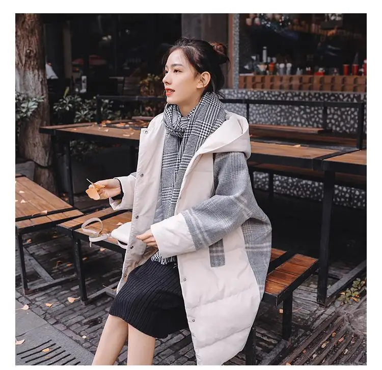 Large Size Women Winter Cotton Hooded Jackets Coat Fashion Loose Warm Plaid Long Outerwear Casual Female Basic Jacket xa111 - Цвет: beige