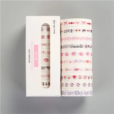 10pcs/lot Decoration Leaves Foil Grid Floral Cute Paper Masking Washi Tape Set Kawaii Stationery Scrapbooking Supplies - Color: Pink