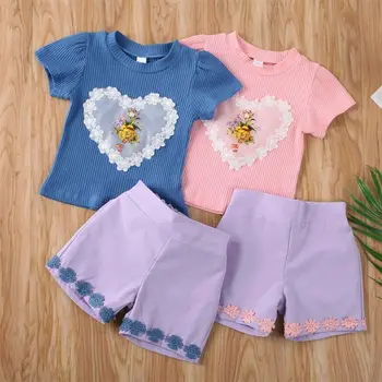 

Newborn Kids Baby Girls Outfits Short Sleeve Lace Flowet Knitted Top Short Pants Clothes Sunsuit Summer Casual Clothing