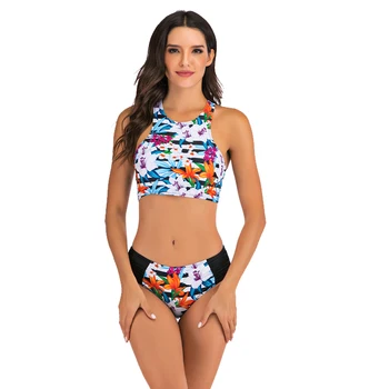 

2020 New Sexy Crop Top Swimsuit Floral Print Swimwear High Neck Bathing Suit S-2XL Girl Backless Beachwear Pullover Bikini Set