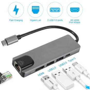 

To Gigabit Ethernet 5-in-1 USB C-type Hub Rj45 Lan Adapter Ports Multiport