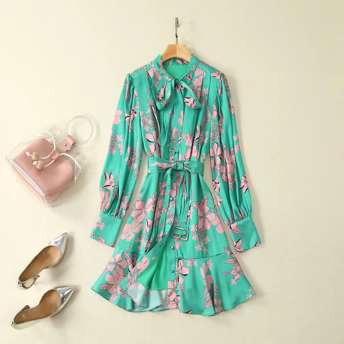 Autumn new women bow lantern sleeve printed dress 920