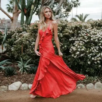 

Women Summer Solid Ruffles Dress Spaghetti Strap V Neck Ruffles Casual Bohemian Dress Vintage A-line Backless Party Dresses Red