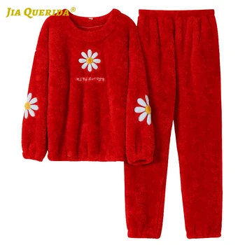 

100% Cotton Red Solid Soft Winter Red Pajamas Set Fashion Style Casual Style Loungewear Woman Pajamas Set Crew Neck Sleepwear