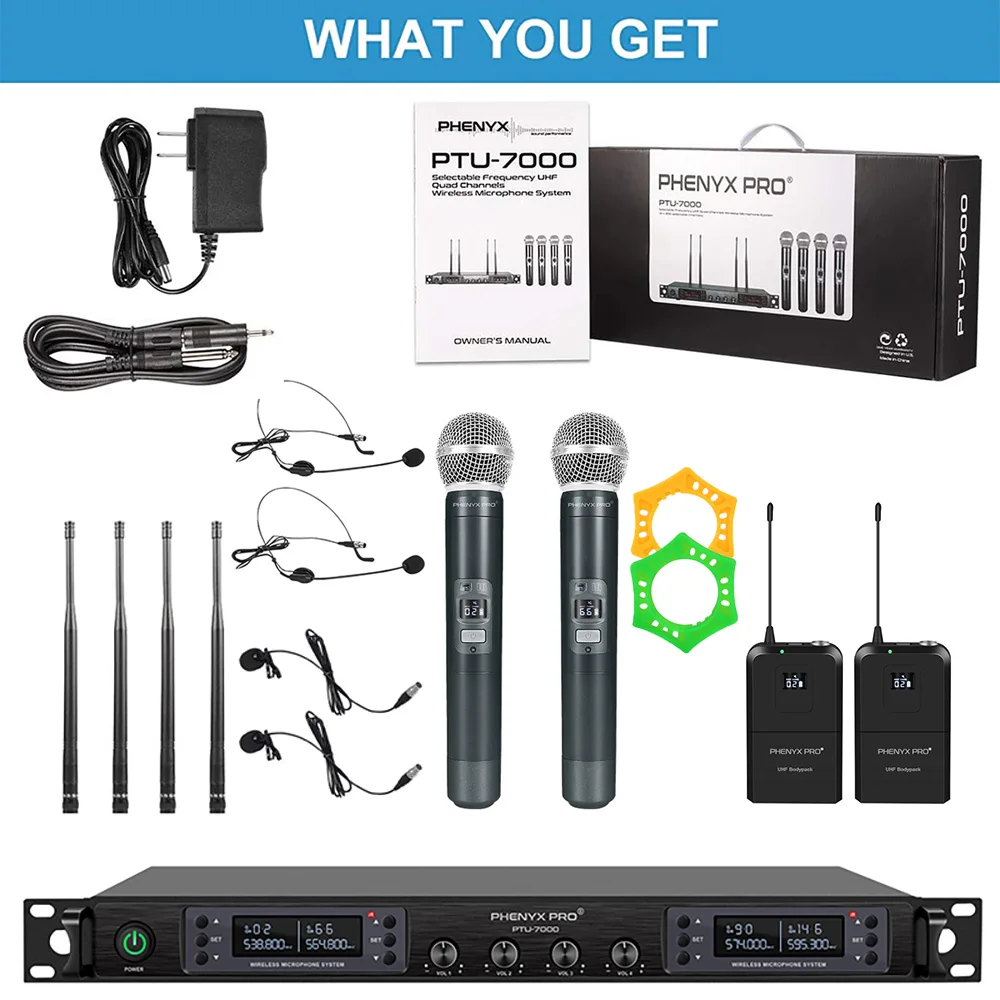 PHENYX PRO-Ensemble de micro sans fil UHF à 4 canaux, avec  déterminer/Bodypack/casque/revers, système de microphone sans fil, PTU-5000  d'église