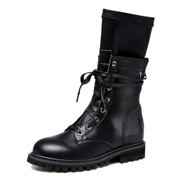 

CuddlyIIPanda Punk Style Locomotive Boots Brand New Women Motorcycle Boots Celebrity Leather Double Layer Zipper Mid-calf Boots