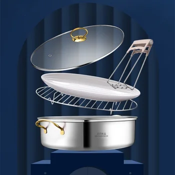 

304 Stainless Steel Pot Korean Binaural Steamed Fish Pot Cooking Big Steamer Open Flame Induction Cooker Home Kitchen Supplies