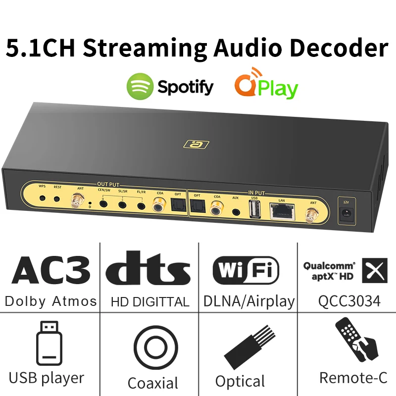Airplay Dlna Wifi Carillon 5.1Ch Decoder Audio Aptxhd Bluetooth 5.0 Ricevitore Dac Dts Ac3 Atmosfera Spdif Scheda Audio Pc-Usb Coassiale