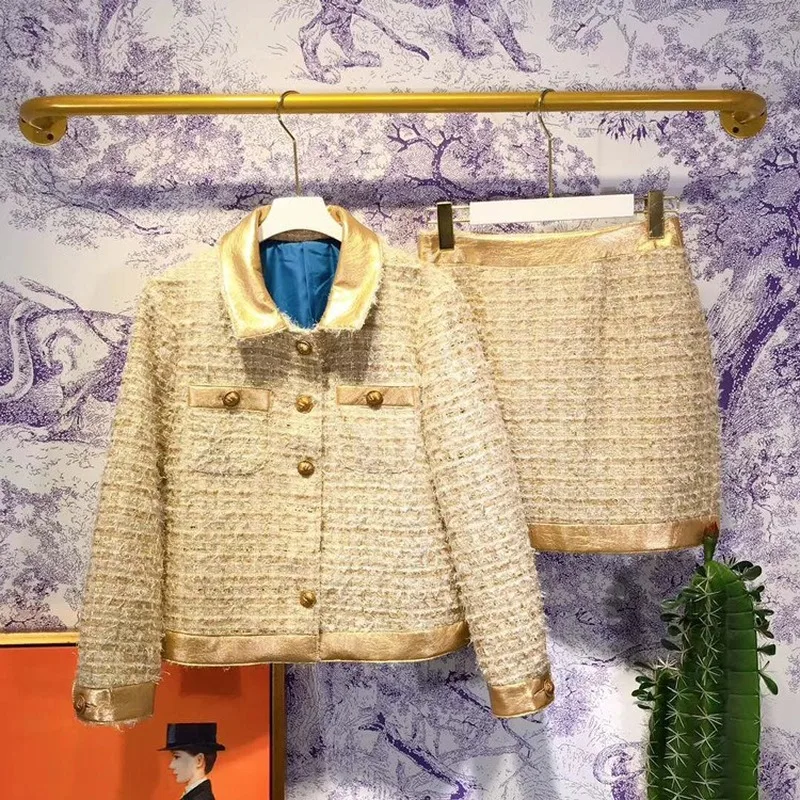 

2019 fall runway women gold woolen tweed skirt set leather patchwork plaid single breasted coat + mini skirt 2 pieces set jc3289
