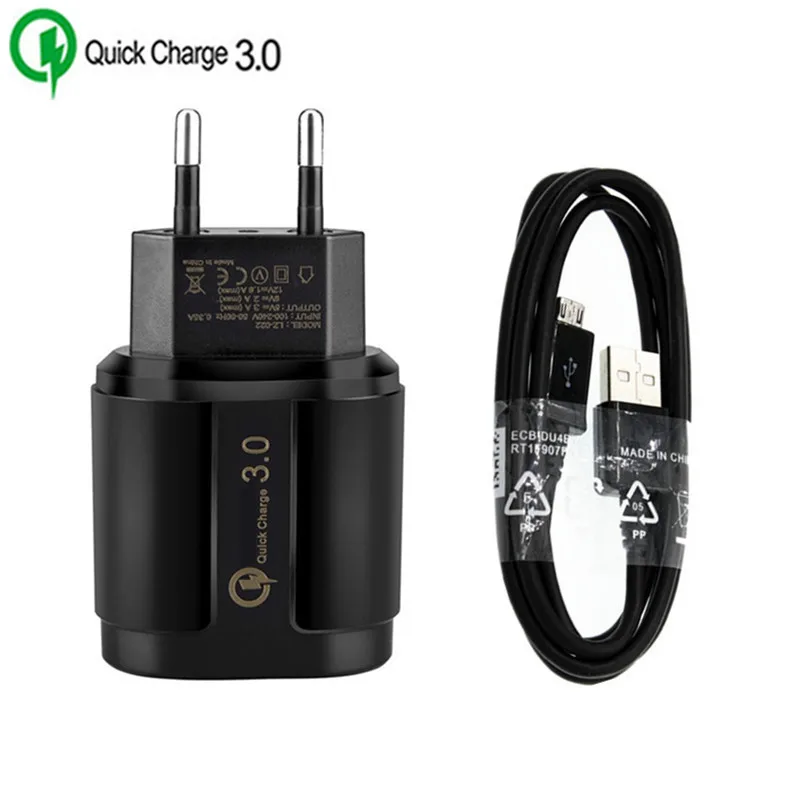 EU Charger 1m cable Для samsung A7 huawei P Smart Y6 Y7 zte LG Android Phone 18 Вт USB зарядное устройство Quick Charge 3,0 адаптер и 1 м Micro usb кабель - Тип штекера: EU Charger 1m cable