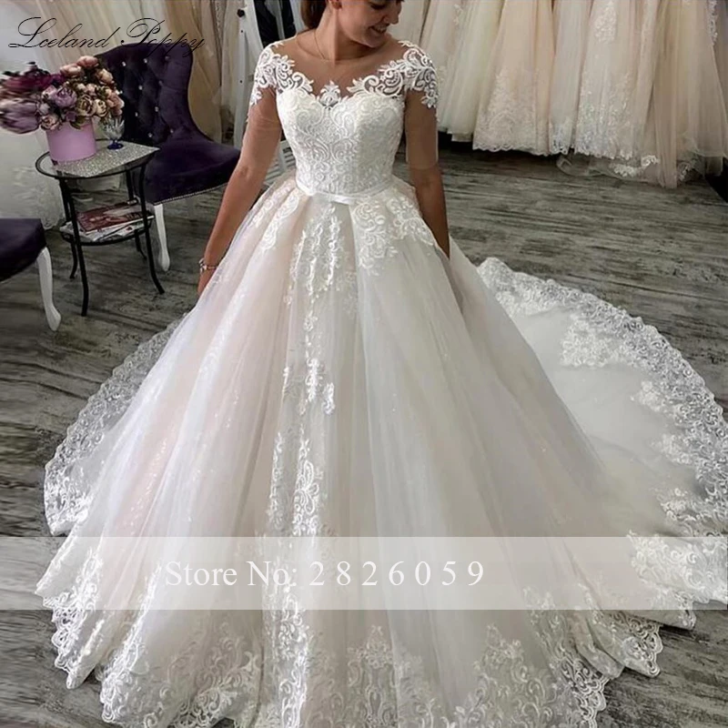 Элегантные свадебные платья трапециевидной формы Vestido de Noiva с коротким рукавом и кружевной аппликацией, длина до пола, свадебное платье с часовней и шлейфом