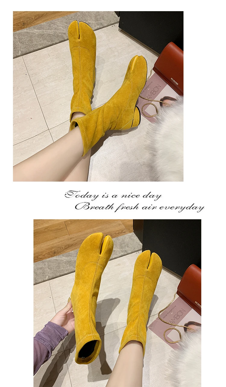 Tabi ninja/женские ботинки; обувь ярких цветов из нубука с раздельным носком; Ботинки Челси; botas mujer; модные сапоги до середины икры на толстом каблуке; botines; эластичная обувь из флока