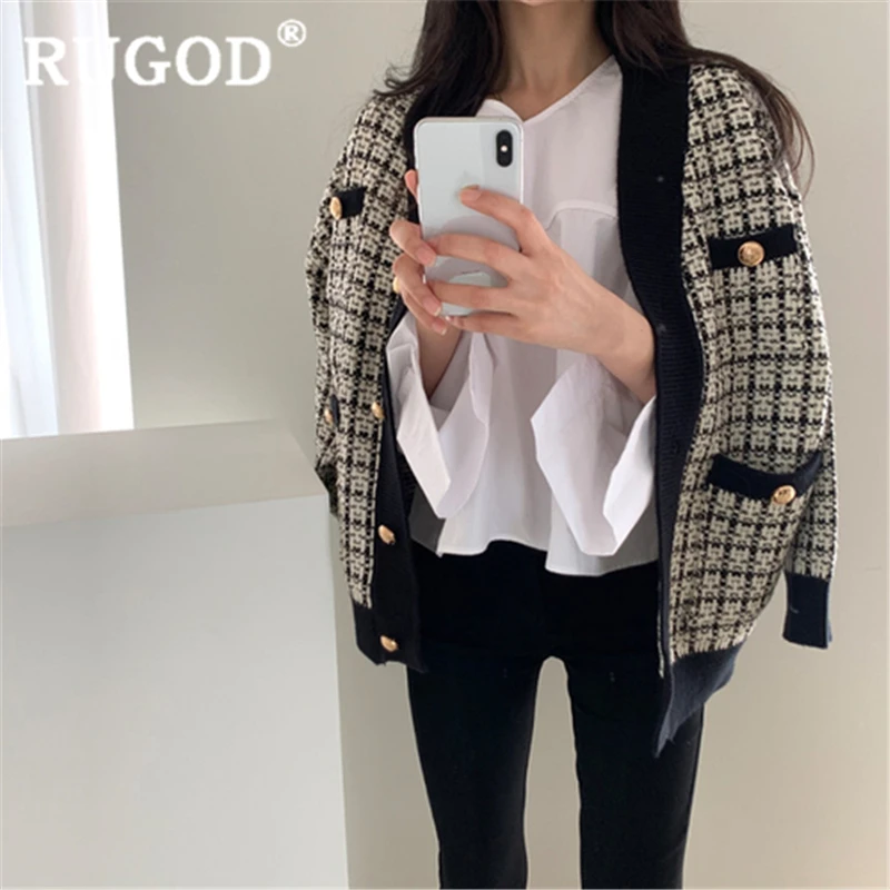 RUGOD/женское клетчатое пальто Новинка года; зимний теплый модный женский кардиган; Повседневная плотная вязаная верхняя одежда с v-образным вырезом; корейские дамские свитера ins - Цвет: Бежевый