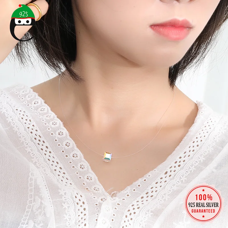 

Trusta 100% 925 Solid Sterling Silver Color CZ Stone Block/Pearl Pendant 39cm Clavicle transparent Chain Necklace For Girl ED320