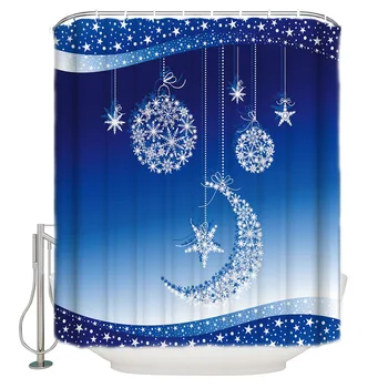 

Christmas Card Blue Moon Stars Snowflakes Pattern Shower Curtains Polyester Fabric Waterproof Bath Curtain