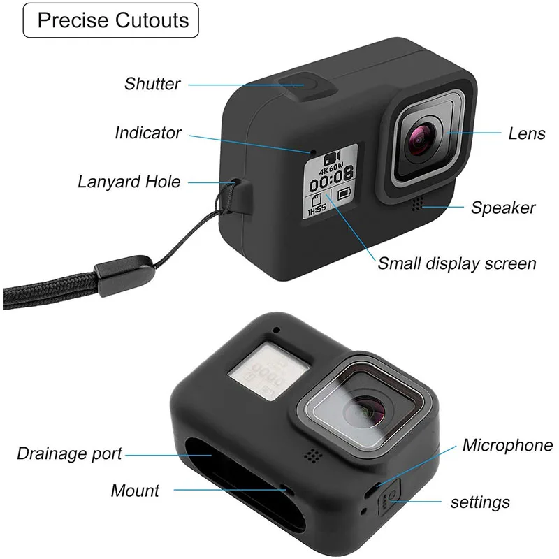 Силиконовый чехол для Gopro Hero 8, черный защитный чехол с ремешком, браслет для Gopro 8, набор аксессуаров для экшн-камеры