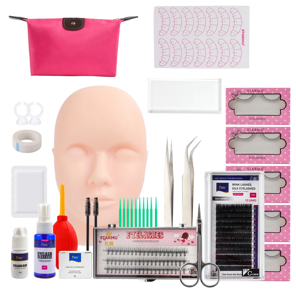 12/14/16/19pcs Eyelash Training Kit False Mink Eyelash Extension Lash Training Kit Practice Curl Glue Tweezer Tools Makeup Bag