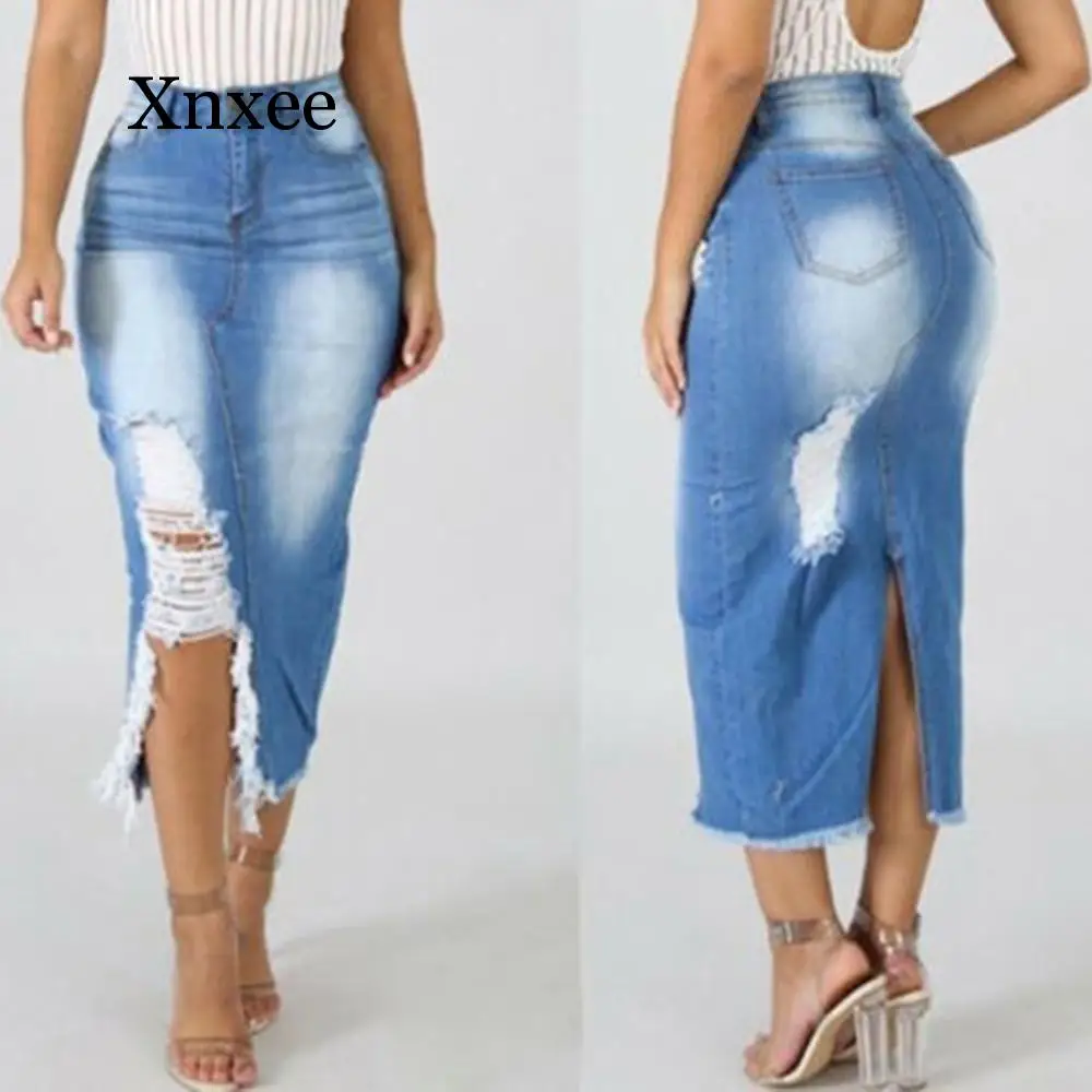

Women Skirts High Waist Washed Denim Jeans Skirt Ladies Bandage Split Long Skirt Plus Women Blue Slit Mid Waist Casual Skirt