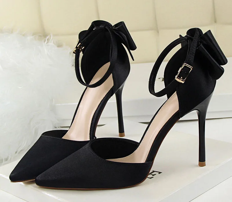 Beauty Shoes Stiletto Hollow Back Bow Sandals Korean Version of Sweet High-heeled Shallow Pointed Satin Butterfly Shoes Women PU