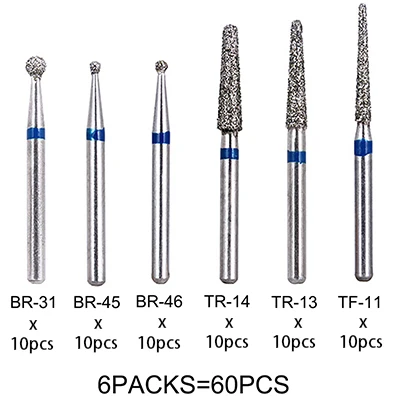 60 шт. Стоматологические алмазные боры дрель стоматология высокоскоростной Наконечник Ручка диаметр 1,6 мм стоматологический инструменты BR31 BR45 BR46 TR13 TR14 TF11 - Цвет: 1 set(6 packs)