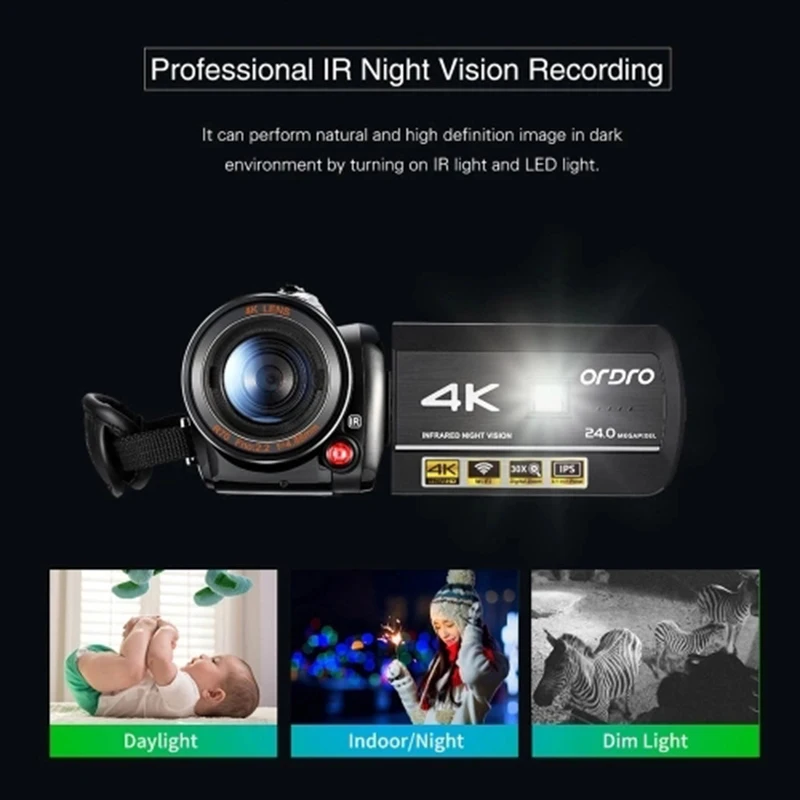 ORDRO AC3 4K WiFi цифровая видеокамера DV рекордер 24MP 30X зум ИК ночного видения 3,1 дюймов ips lcd сенсорный экран с 2 ПК