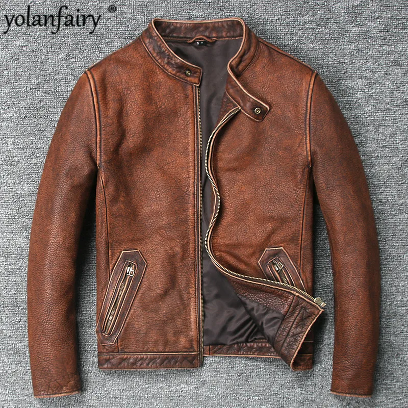 Мужская винтажная куртка yolanfey короткая приталенная из 100% натуральной бычьей