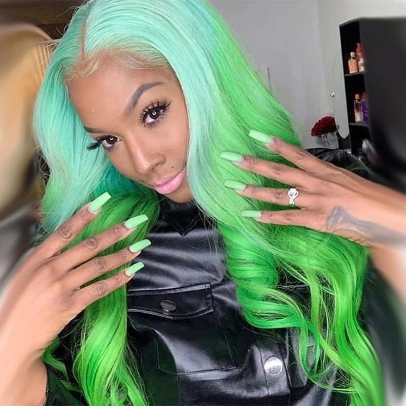 Предпочтительный 13x4 предварительно выщипанный волнистый парик фронта шнурка Remy Омбре парик фронта шнурка бразильский парик фронта шнурка человеческих волос для женщин - Цвет: T green