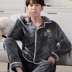 Men's Pajamas Two-piece Autumn And Winter Thickened Flannel Long-sleeved Large Size Suit Cardigan Coral Fleece Warm Home Service