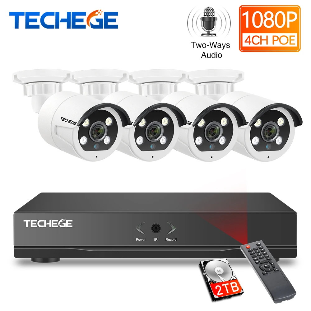 Techege HD 1080P 4CH видеокамера s система двухстороннее аудио 2MP Водонепроницаемая ip-камера гуманоидное Обнаружение 4CH 1080P POE NVR комплект видеонаблюдения