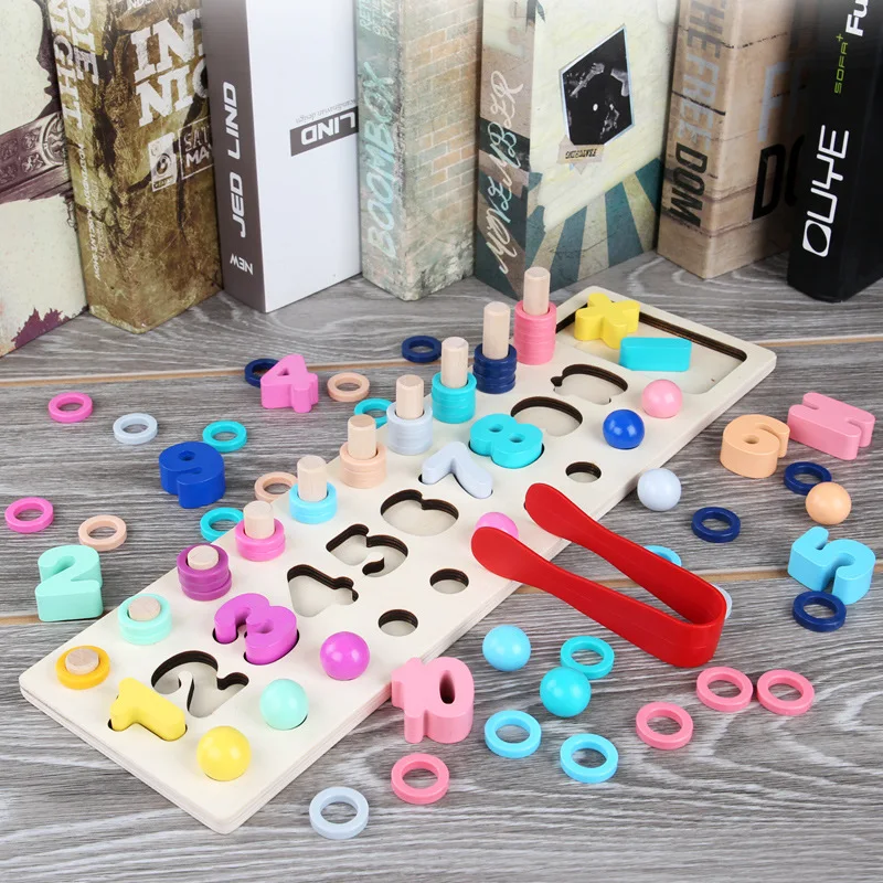 

Children Wooden Macarons Three-in-One jia zhu Numbers Board Baby Color Shape Cognitive Interactive Educational Toy