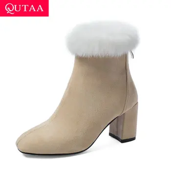 

QUTAA 2021 Retro Square Toe Ankle Boots Keep Warm Square High Heel Women Shoes Autumn Winter Zipper Short Boots Big Size 34-43