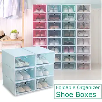 

6pc Transparent shoe box storage shoe boxes thickened dustproof shoes organizer box can be superimposed combination shoe cabinet