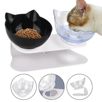 Durable Double Food And Water Raised Angled Pet Feed Bowls - Black / Clear