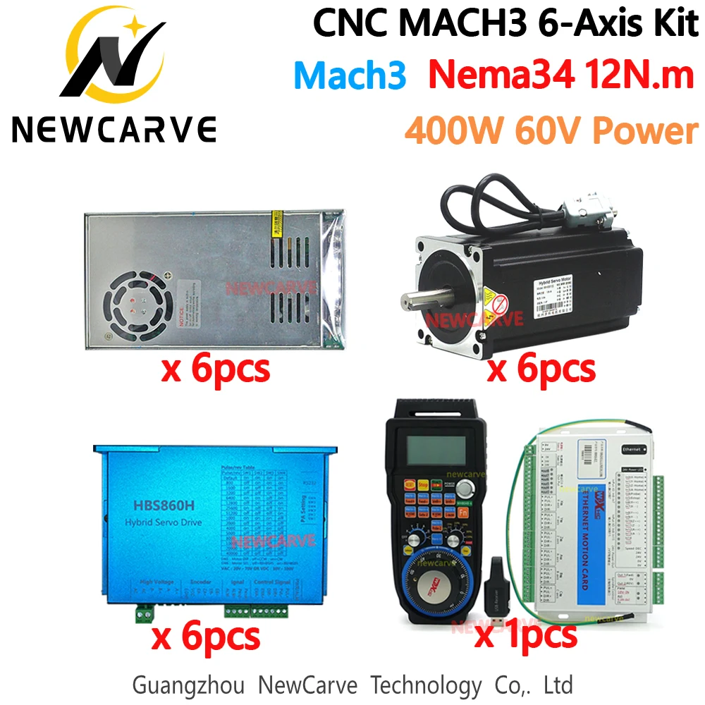 

6 Axis Mach3 Controller WHB04-6 +MK6-ET+Nema34 Closed Loop Stepper Motor 12Nm + 2 Phase HBS860H Driver + 400W 60V Power NEWCARVE