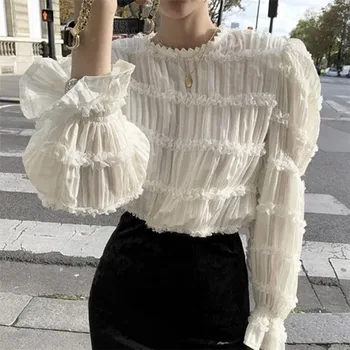 

SONDR 2020 Women's Korean Style Lace Shirt O-Neck Long Puff Sleeve Sweet Female Blouse All Match Tops Spring New Woman Clothes
