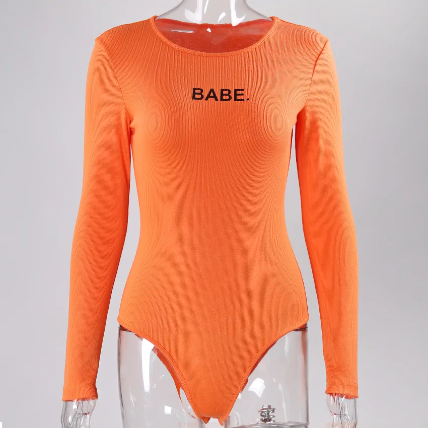 bodysuit long sleeve O-neck Neon bodycon Slim Body Top Letter pattern clothes Streetwear for women Sexy bodysuits