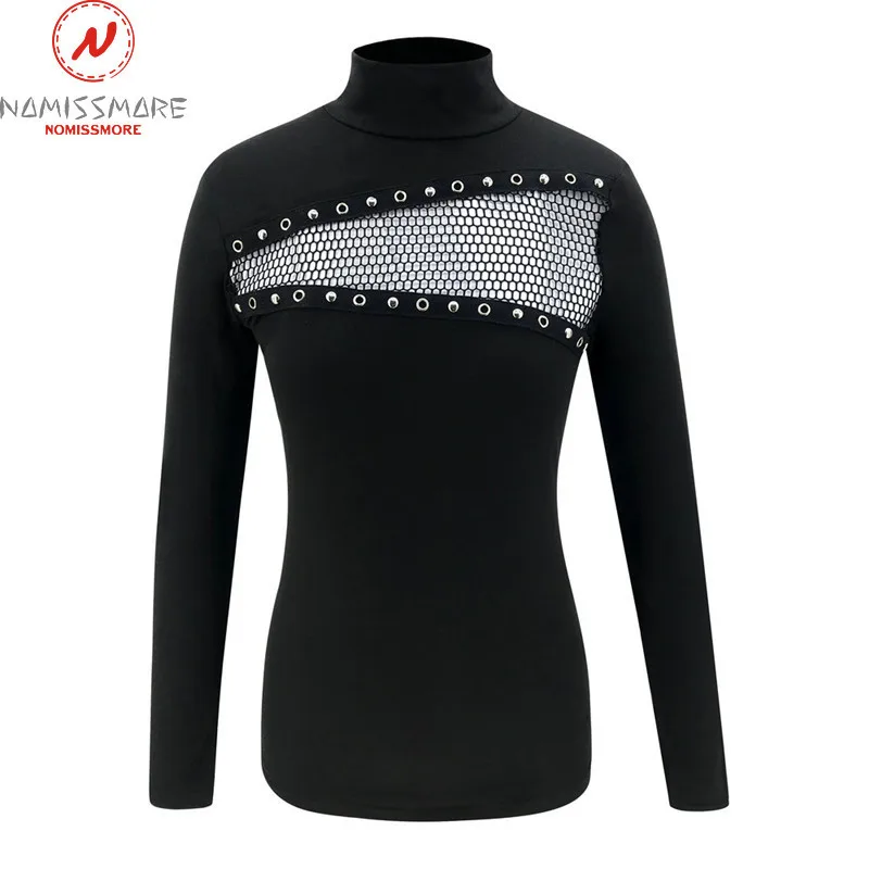 Elegant Lady Sweaters Corn Eye Patchwork Design Lace Decor See Through High Collar Long Sleeve Solid Slim Streetwear Shirts