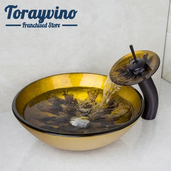 

Torayvino bathroom Yellow Hand Painting Basin Sink faucet set Countertop Bowl Vessel Tempered Glass Lotus Leaf Basin Faucet Set