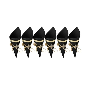 

50Pcs Retro Folding Kraft Paper Confetti Cone Bouquet with Ropes Wedding Diy Decoration Gifts Packing Party Supplies(Black)