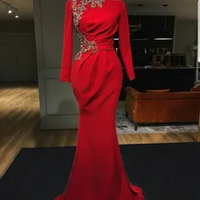 Красные мусульманские Вечерние платья с юбкой-годе, с высоким воротником, с аппликацией, бисером, Дубай Саудовская Арабский длинное вечернее платье