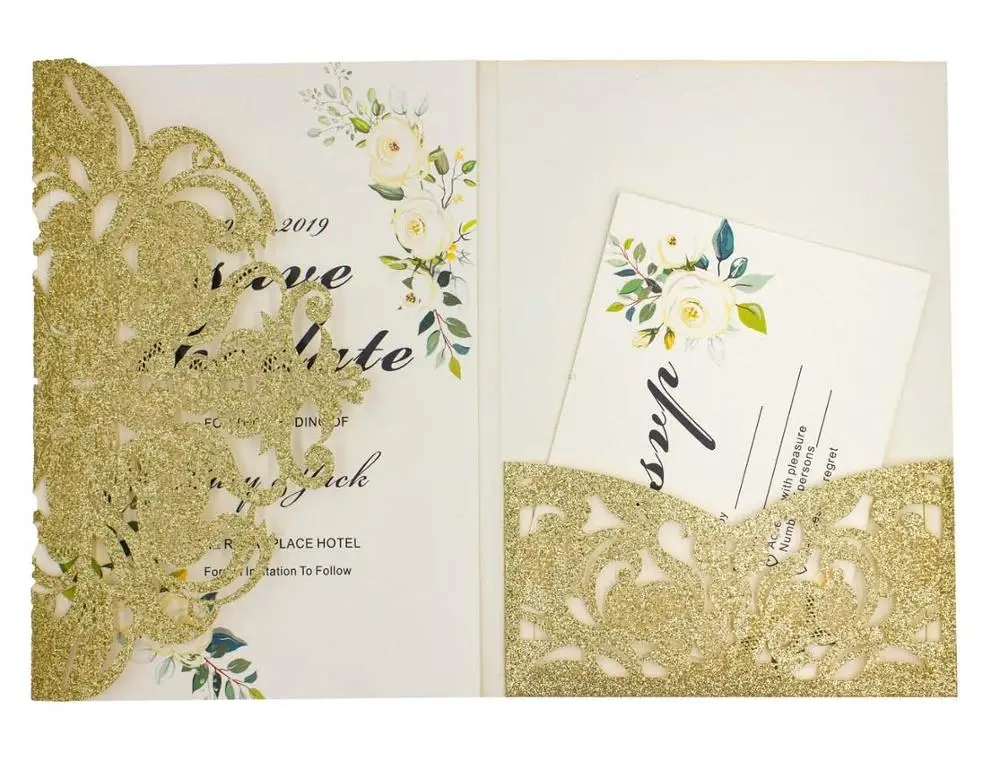 1 шт. свадебные пригласительные открытки белого, золотого, темно-синего цвета с цветком, три раза, блестящая лазерная резка, карман, пригласительный конверт - Цвет: champagne glitter