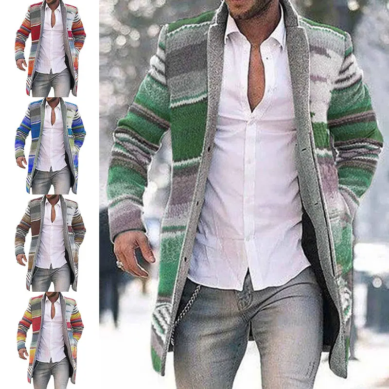 Chaquetas de punto de retales para hombre, suéter grueso y cómodo de manga larga, abrigo cálido con cuello levantado, cárdigan informal de tendencia de otoño, moda de invierno
