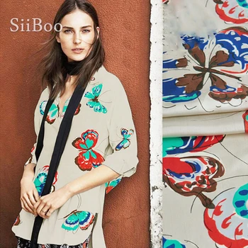 

Pastoral butterfly print 100% pure silk fabric for dress pure silk tissue cloth tela tejido for sewing 10mm SP4055 Free shipping