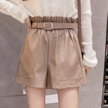 

High Waist PU Leather Shorts Women Cool Punk Sashes Wide leg Shorts Autumn Winter Casual Loose Elastic Waist Leather Shorts 2019