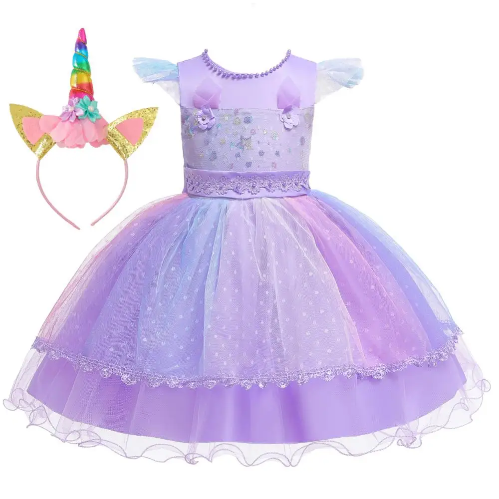 

New Unicorn five-color dress Halloween costumes birthday party princess dress mesh flower ball gown With headband