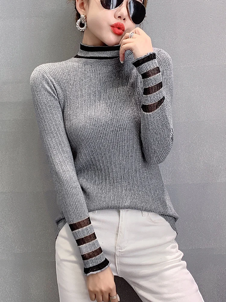 

Women's Half High Neck Perspective Hollow Sexy Bottoming Knit Sweater Top Autumn Winter Fashion Mesh Stitching Slim Pull Femme