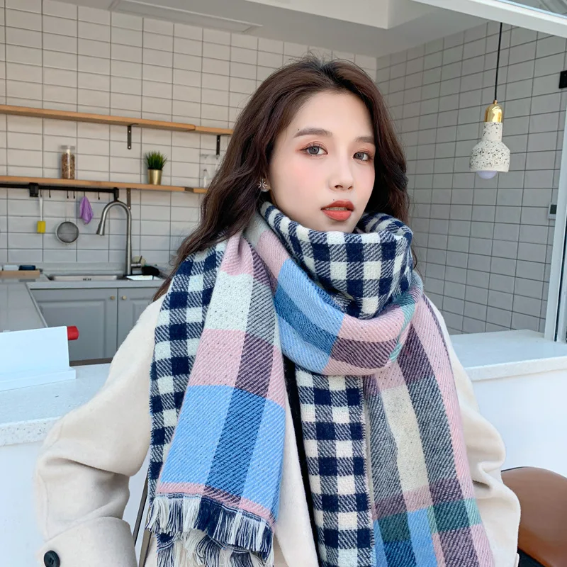 

Autumn and winter new cold-proof short-beard tassel plaid candy color double-sided cashmere scarf women's bib dual-use