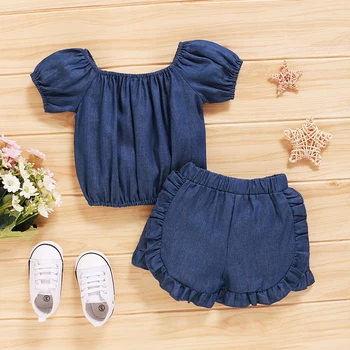 

2020 Baby Summer Clothing Infant Kids 1-5Years Denim Clothes Set Solid Puff Sleev Tops Shirt Shorts 2Pcs Outfits