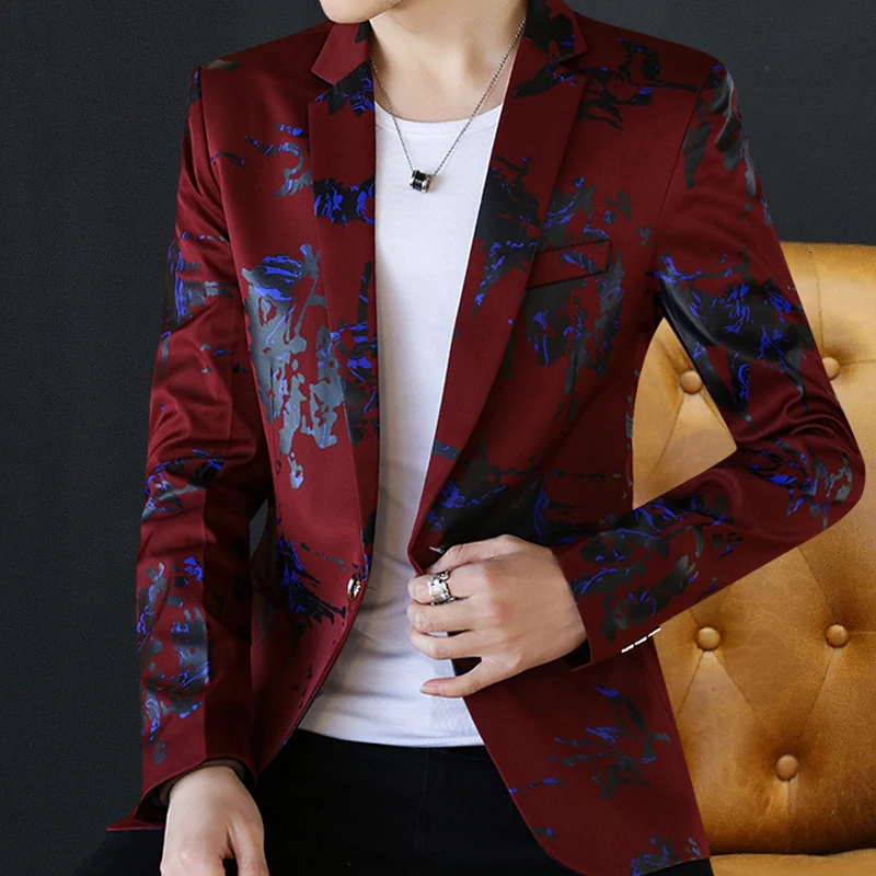 wine red Roupa Masculina Estilosa Мужской Блейзер, пиджак, Блейзер, Masculino Americana Hombre, Блейзер, стильные блейзеры для мужчин, куртка с цветочным принтом - Цвет: wine red