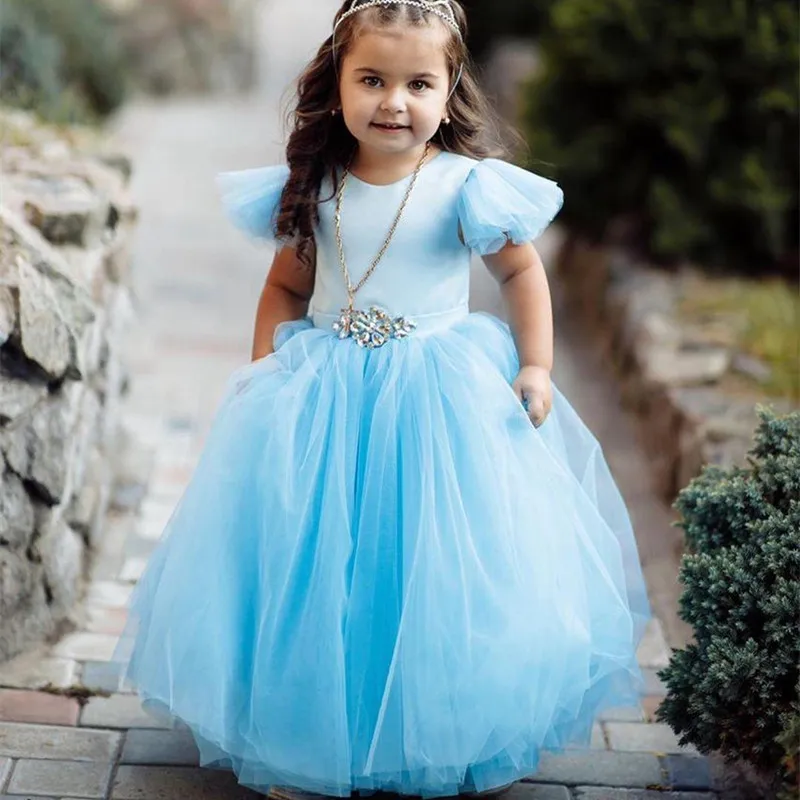 

Light Blue Flower Girl Dress High Low Lace Tulle Backless Wedding Princess Girls Pageant Dress For Party Birthday Wear